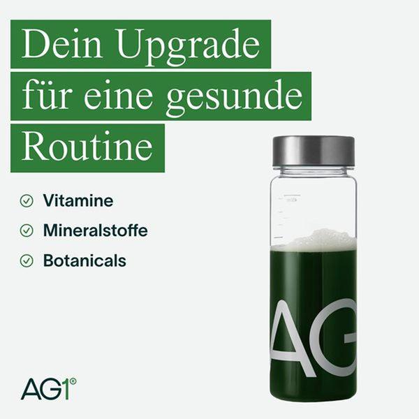 A high-contrast, minimalist ad showing a glass bottle filled with a dark green liquid, highlighting key product ingredients.
